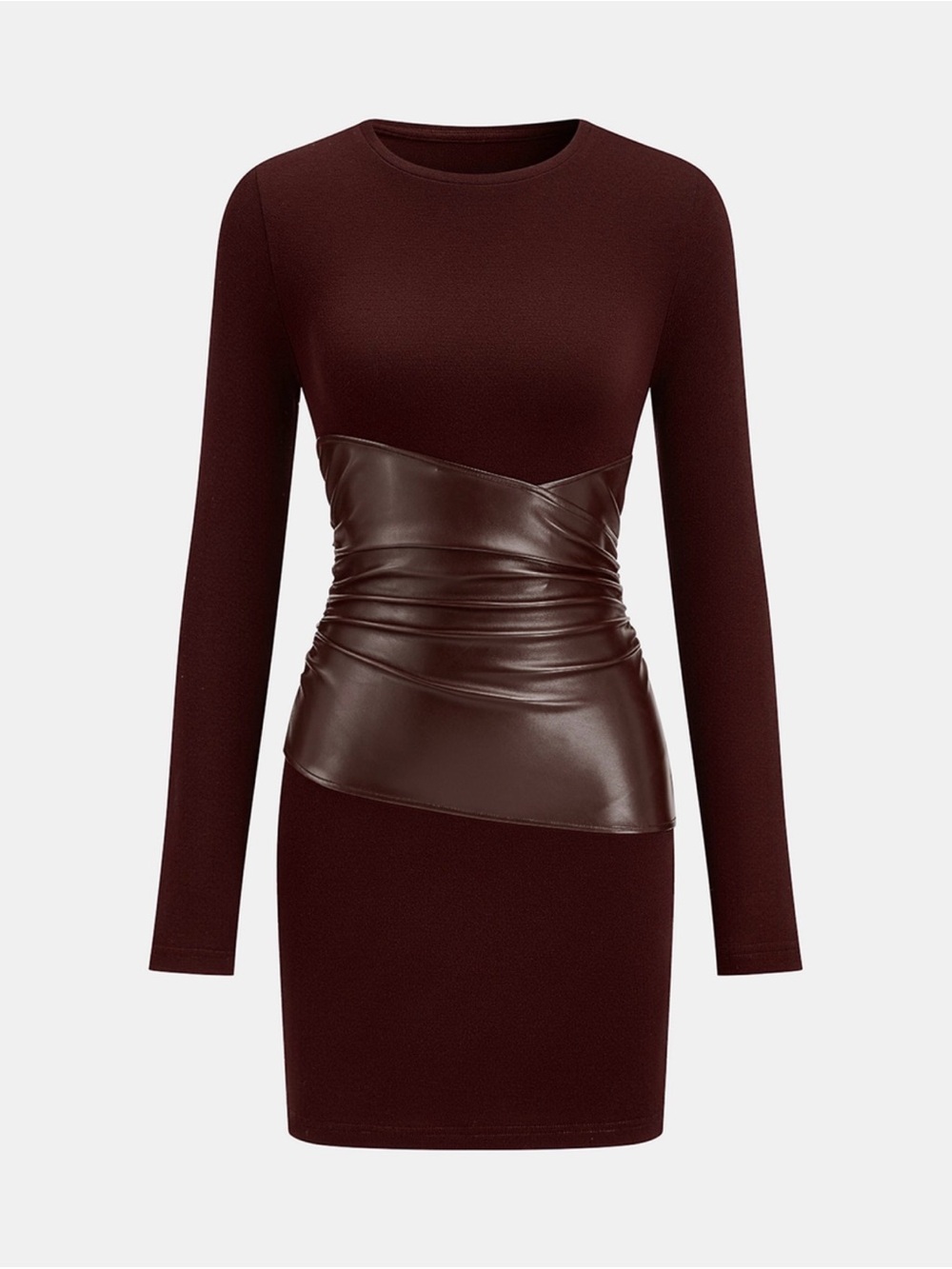 Commense Long-Sleeve Midi Dress with Faux-Leather Waist in Dark Brown